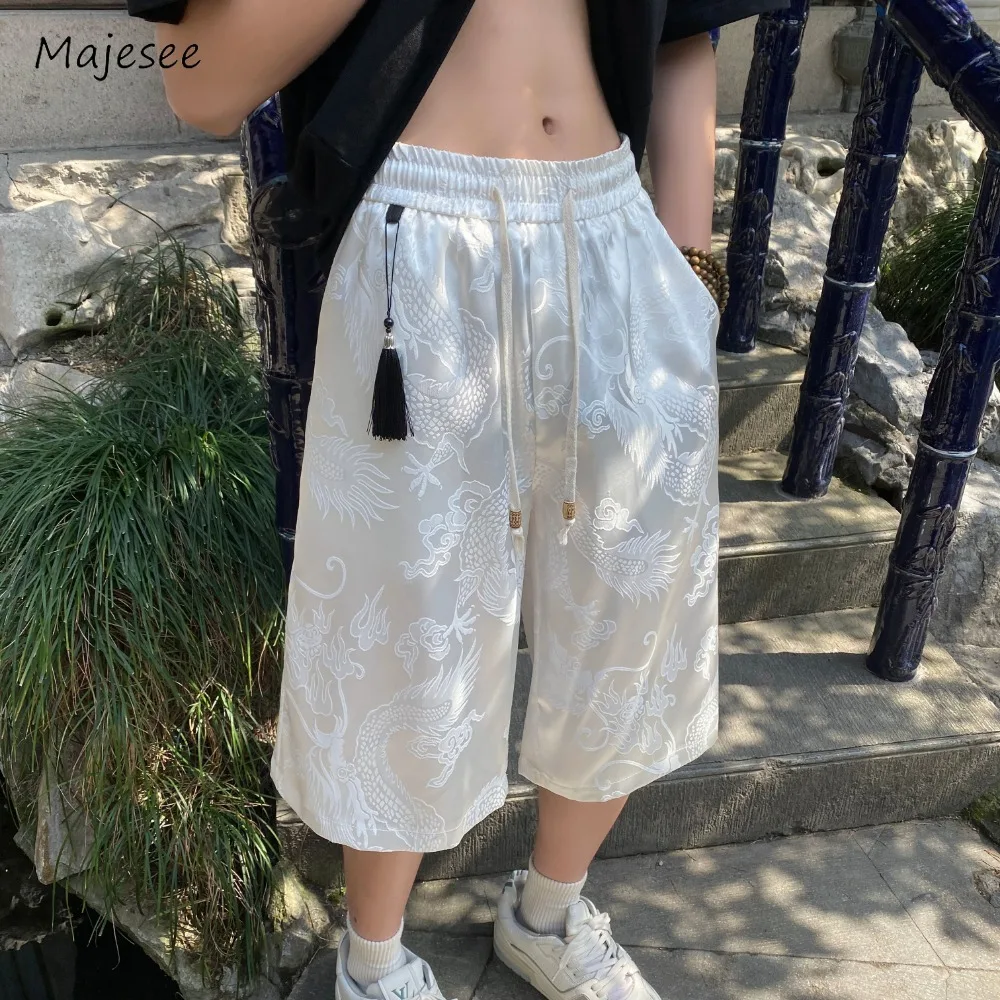 Men Casual Shorts Tassel Stretchy Soft Skin-friendly Wide Leg Printing Chinese Style Drawstring Summer Cozy Breathable Hipster