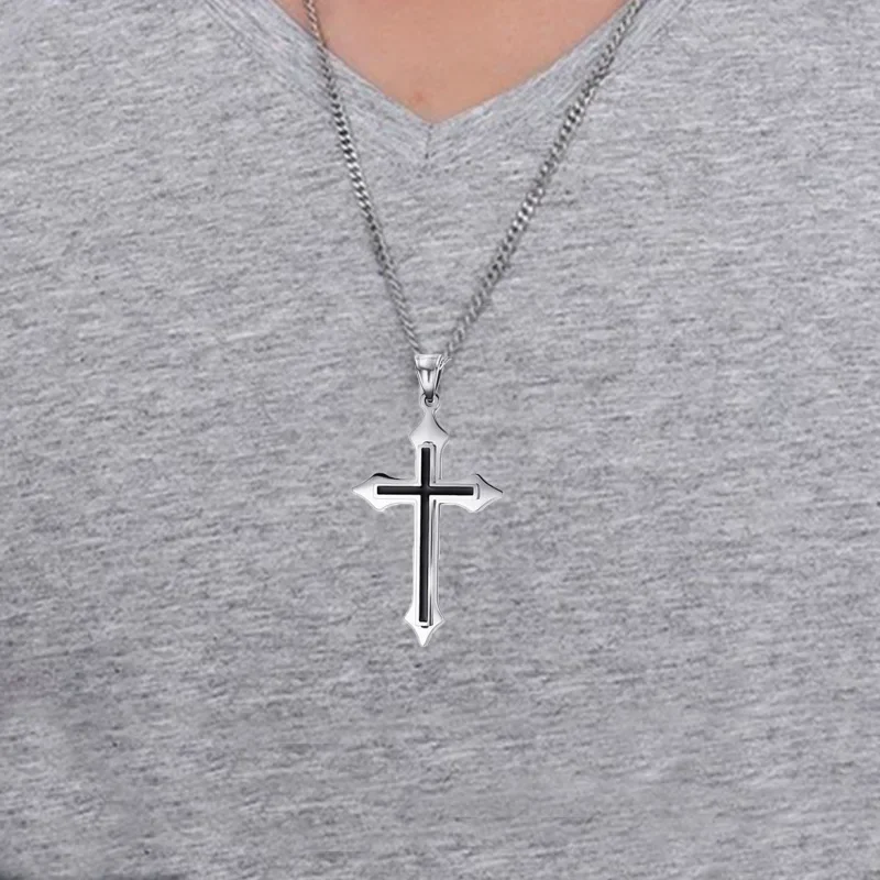 Cross Necklaces Mens Christianity Pendant Stainless Steel Fashion Simple Chain Jewelry No The Neck Gifts for Male Accessories