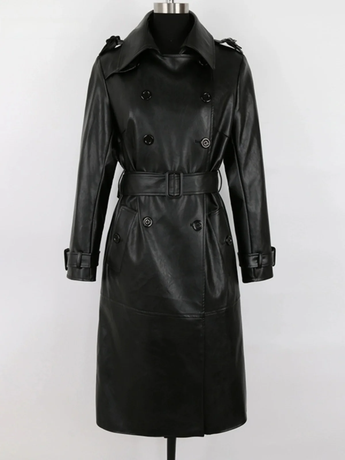 

Nerazzurri Women's Long Sleeve PU Leather Jacket Double Breasted Black Outerwear Coat Commute Style Water Washed Leather