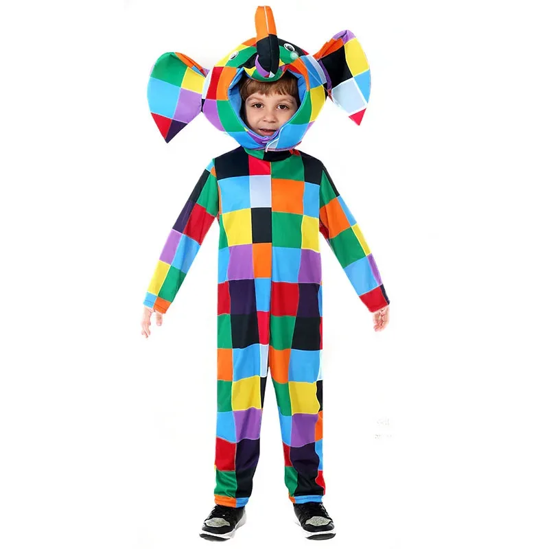 

l2025l Halloween Colorful Girls Boys Elmer Elephant Costume Kids World Book Day Fancy Dress Up Halloween Patchwork Elephant Cost