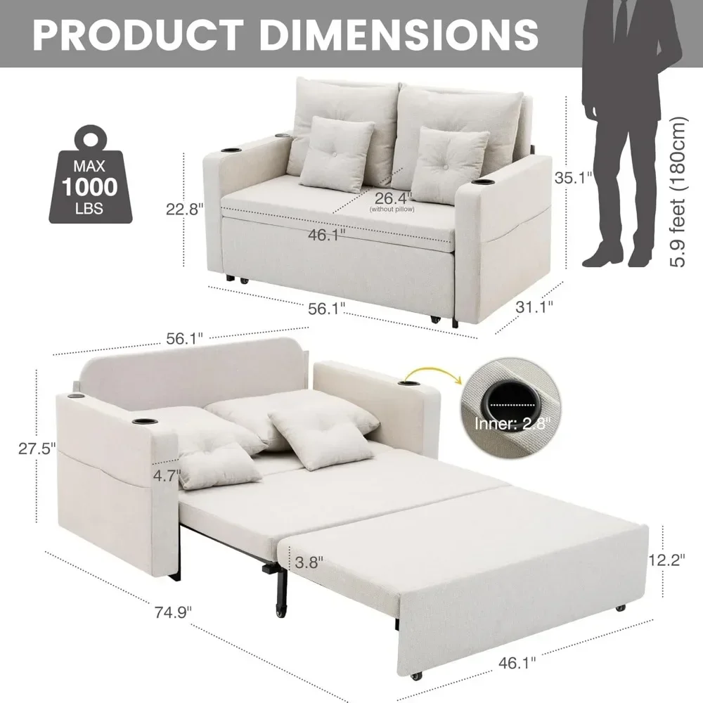 أريكة قابلة للسحب 3 في 1، سرير أريكة قابل للتحويل مقاس 56 بوصة، مقعد مع حاملات أكواب، جيوب تخزين، USB، أرائك أريكة لـ L