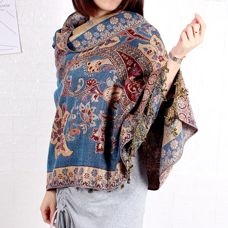 Bauhinia Jacquard Scarf Ethnic Women Soft Long Shawls and Wraps Autumn Winter Women's Warm Pashmina Flower Borders Foulard