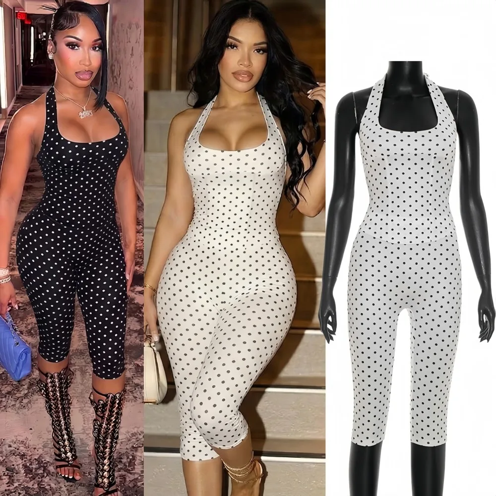 

FAGADOER Fashion Polka Dot Print Two Piece Outfits Woman Spaghetti Strap Sleeveless Backles Color Crop Tops and Pants Suits New