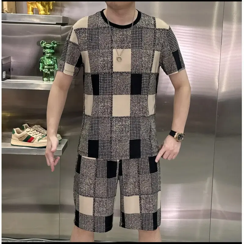 

Luxury Plaid 2 Piece Set 2025 Summer Fashion Men's Short Sleeve Suit Five-point Casual Shorts T-shirt Set Outdoor Streetwear