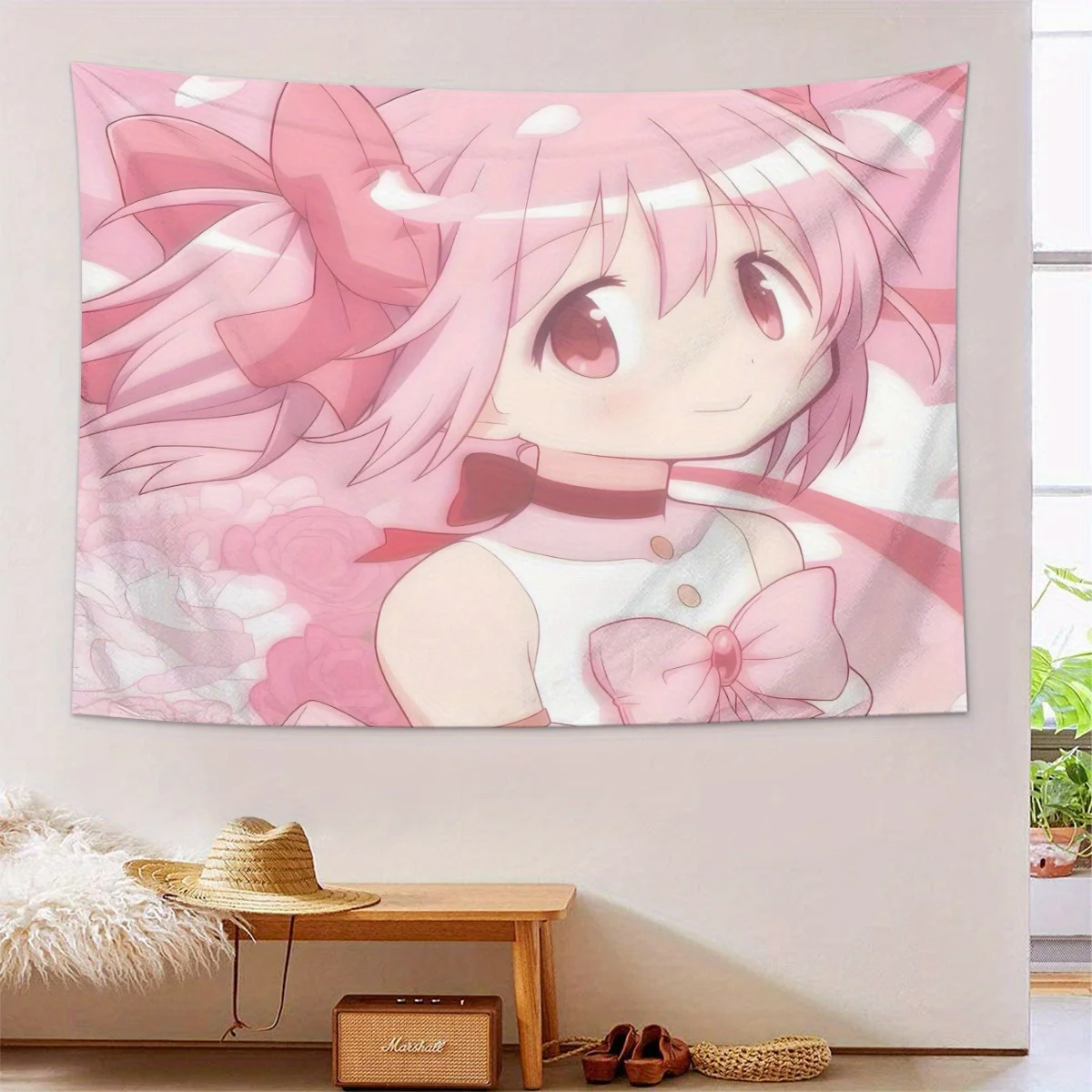 VIKAMA Süßer Anime-Mädchen-Wandteppich, rosa Schleife, Rose, Hintergrund, niedliche Kunst, Schlafzimmer, Wohnzimmer, Hintergrund, Wand, Anime-Thema, Raumdekoration