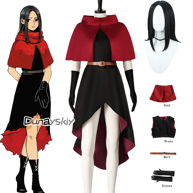 Delicioso en mazmorra, disfraz de Farin Tuding, vestido negro con capa roja, uniforme 110-180, ropa de Halloween para niños y adultos