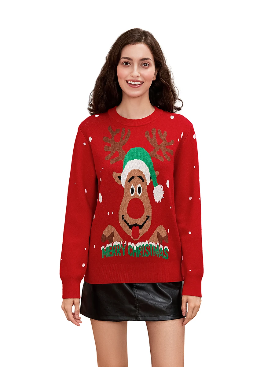 Women's Fashion Christmas Sweaters Long Sleeve Round Neck Reindeer Print Loose Pullover Knitted Xmas Tops