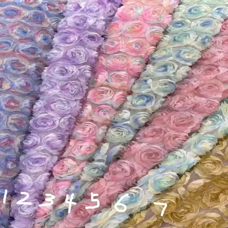 مادة شيفون وردية فاخرة مع تطريز زهور ثلاثي الأبعاد للأزياء والعرض