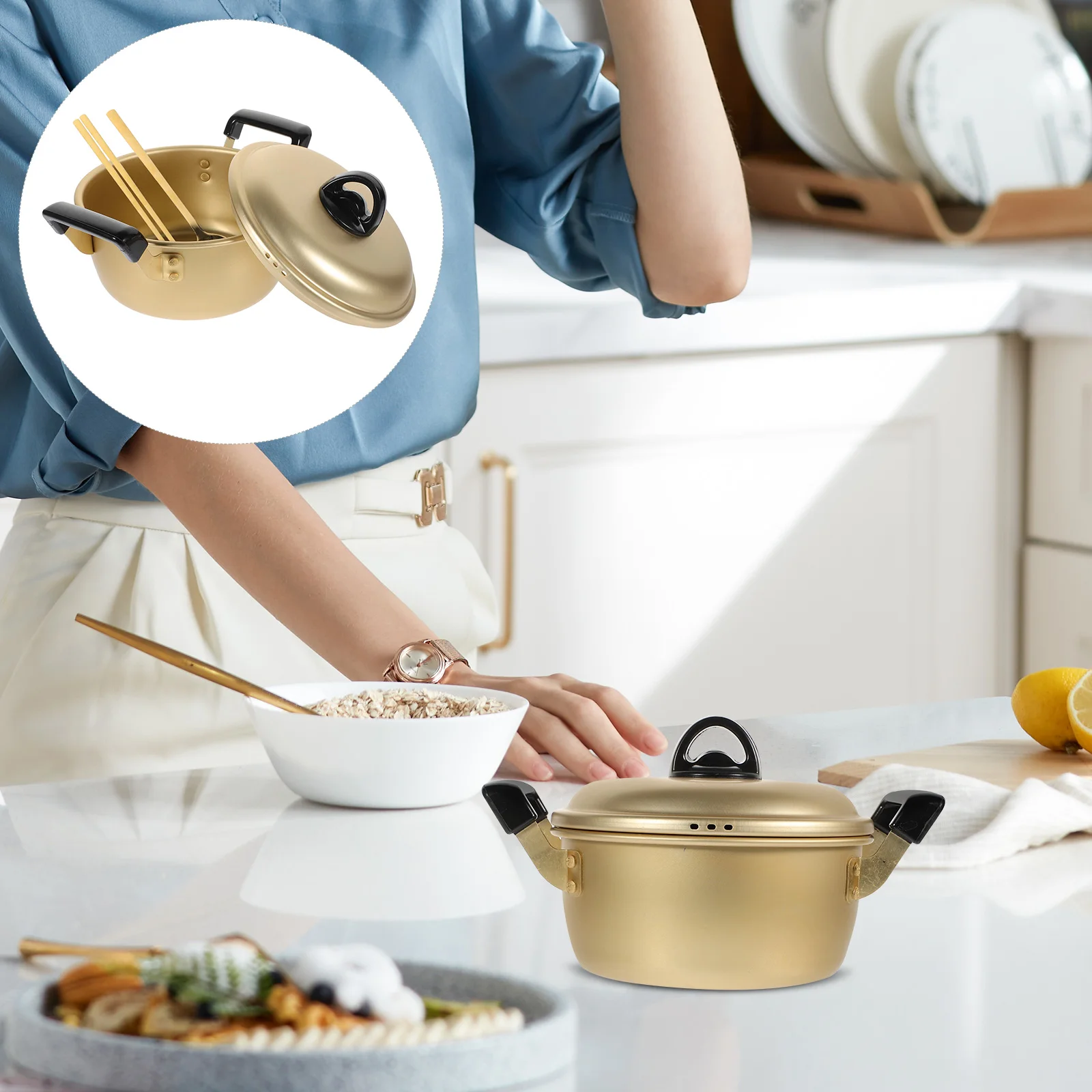 

Горшок для рамэн, 16 см, золотые палочки для еды с защитой от ожогов, ложка, алюминиевые двойные ручки, суповая плита, макароны, яйцо-лобстер