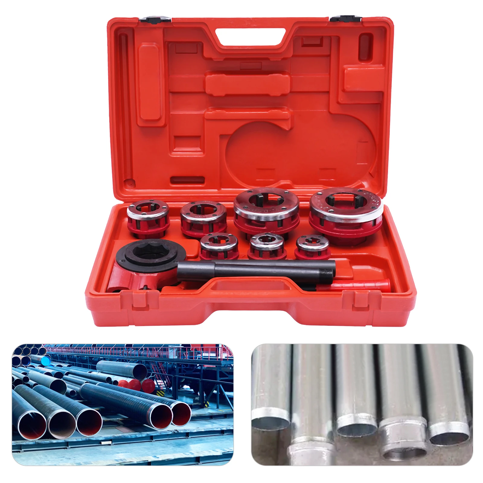 

Portable 7 Size Ratchet Pipe Threader Tool Kit 3/8in To 2in Dies Set with Handle Ratcheting and Storage Case