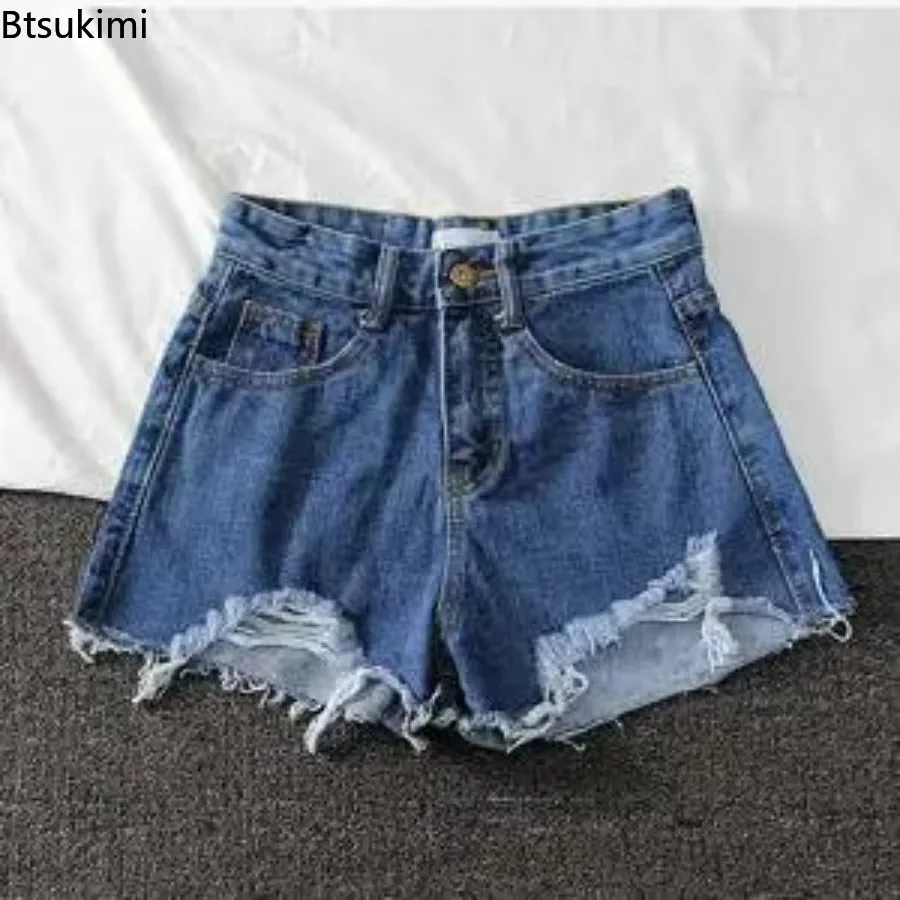 New 2025 Women's Summer Denim Shorts Solid High Waist Ripped Wide-Legged Super Short Shorts Loose Burrs A- Line Hot Pants Thin