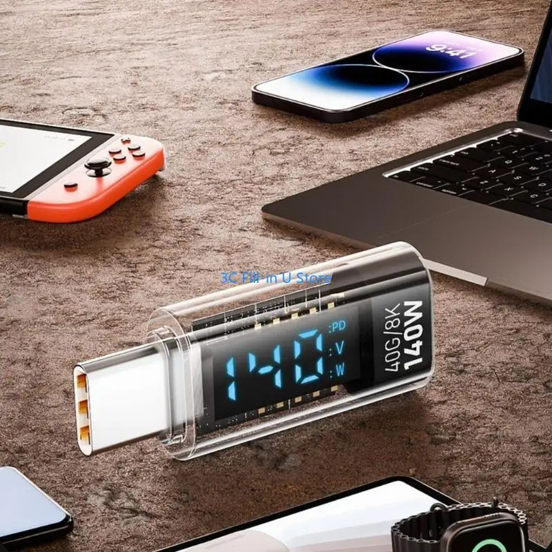 G8TA transparenter USB -Typ -C -Männlichkeits -Adapter mit Digital Display 140W Power Ladegerät 40Gbit / s