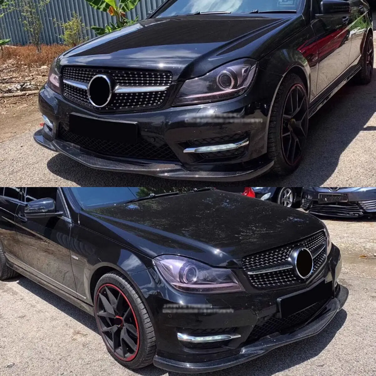 Carbon Fiber Look Front Bumper Splitter Compatible with Mercedes Benz W204 2011-2014 Front Lip Spoiler ABS Plastic Body Kit