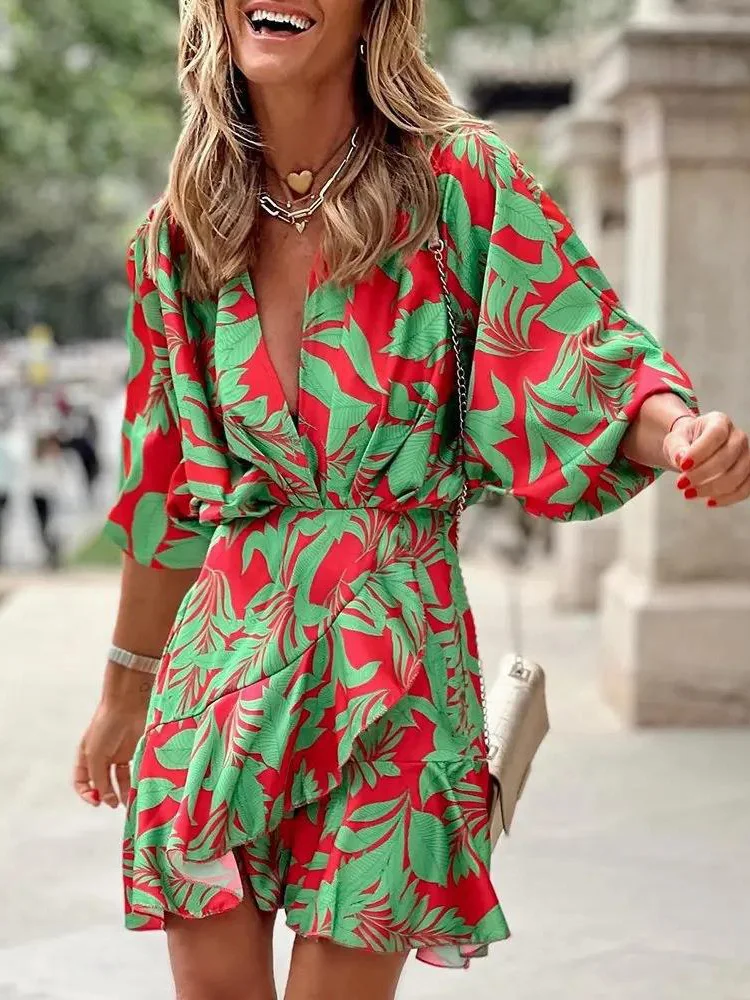 Fashion Print Dress Summer Women Casual Elegant V-neck Ruffled Mini Dress Female 2023 New For Women Robe Femme