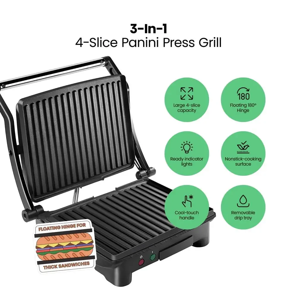 3-in-1 Panini Press Grill Contact Indoor Electric Grill Nonstick Stainless Steel New Large Size 9x9.5 Floating Hinge Perfect