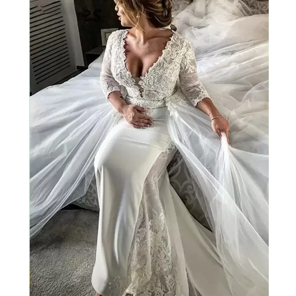 Vestido De novia Vintage con apliques De encaje y escote en V profundo personalizado, vestido De novia De sirena De talla grande con mangas largas 3/4