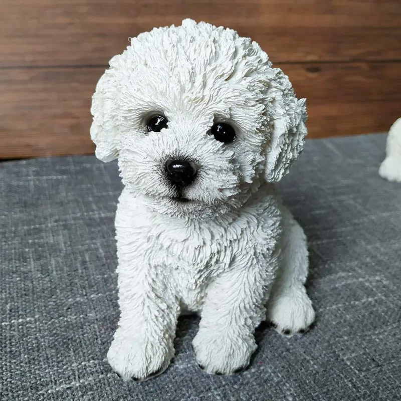 Cute Bichon Frise Simulation Sculpture Decoration Puppy Pet Model Home Room Decoration Resin Crafts Bedroom Entrance Decoration