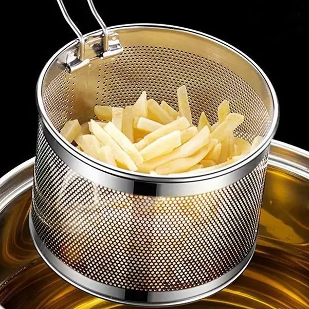 Cesta para freír de acero inoxidable con colador de malla: herramienta de cocina multifuncional para freír patatas fritas, fideos y colador