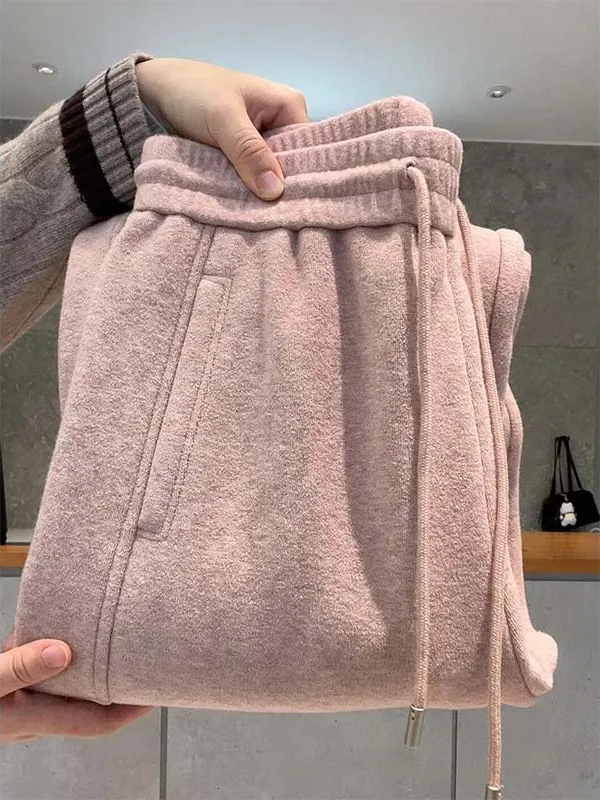 Pantaloni a Gamba Dritta in Maglia Foderati Rosa, Pantaloni Invernali Caldi e Snellenti da Donna con Vita Elastica Comoda