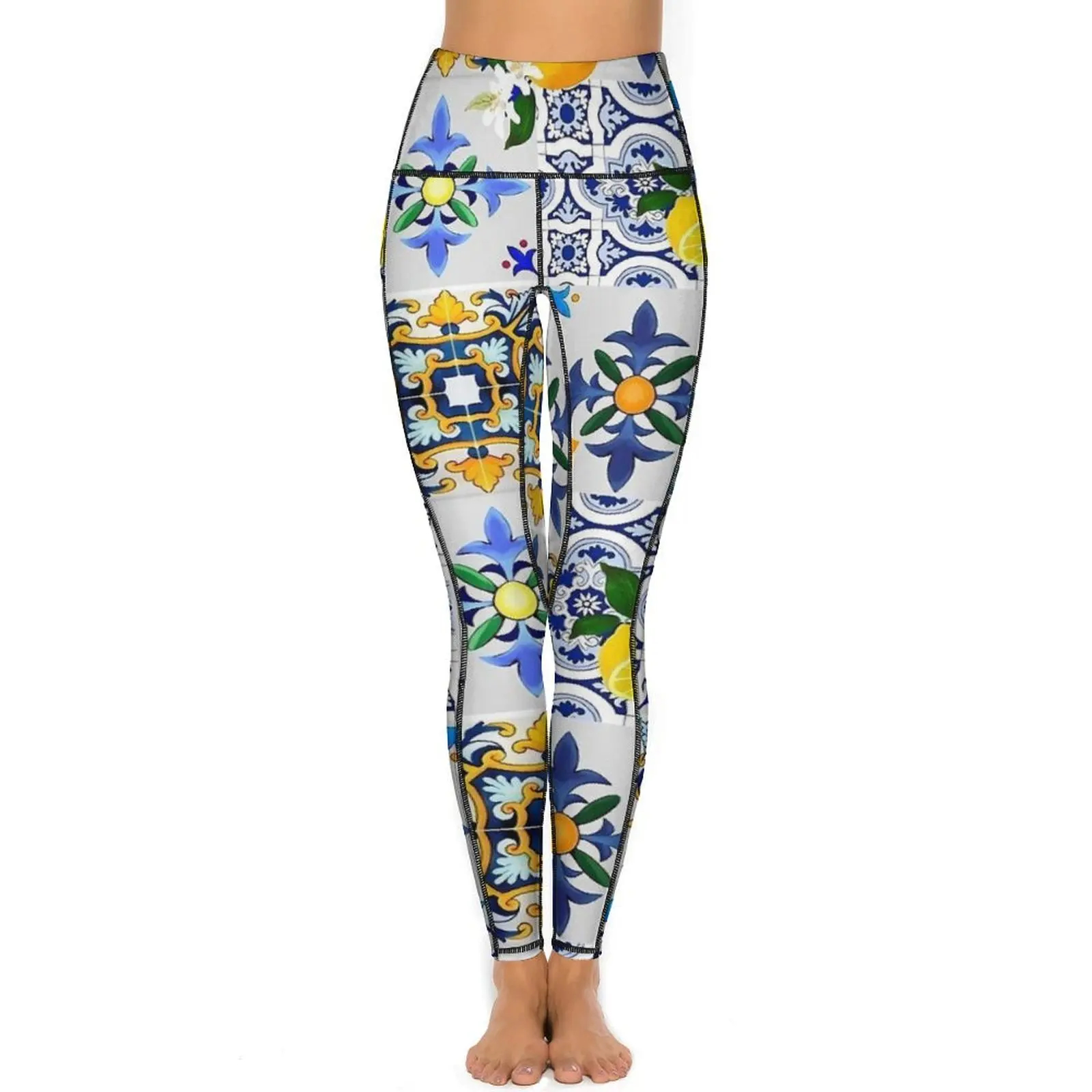 Majolica Lemon Leggings Tiles Citrus Flower Gym Yoga Pants Push Up Vintage Leggins Elastic Pattern Sports Tights Birthday Gift