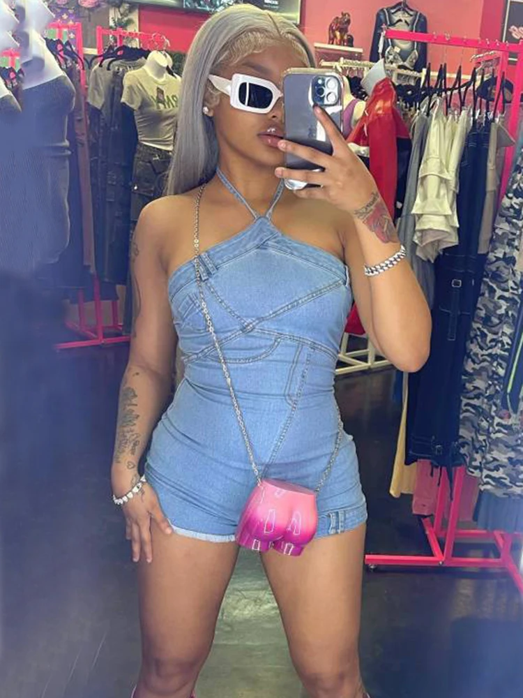 

Sifreyr Strapless Halter Denim Playsuits Women Summer Backless Night Club Romper Jeans Fashion Streetwear Sexy Short Jumpsuits