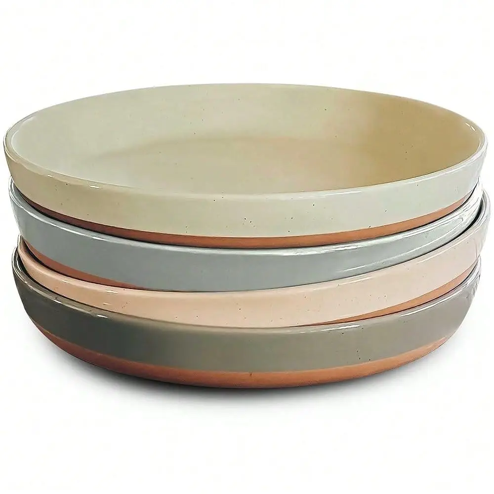 

Flat Pasta Bowl Set Of 435oz, Microwave Plate With High Edge Modern Porcelain Dinnerware For Kitchen And Eating, Large Wide Bow