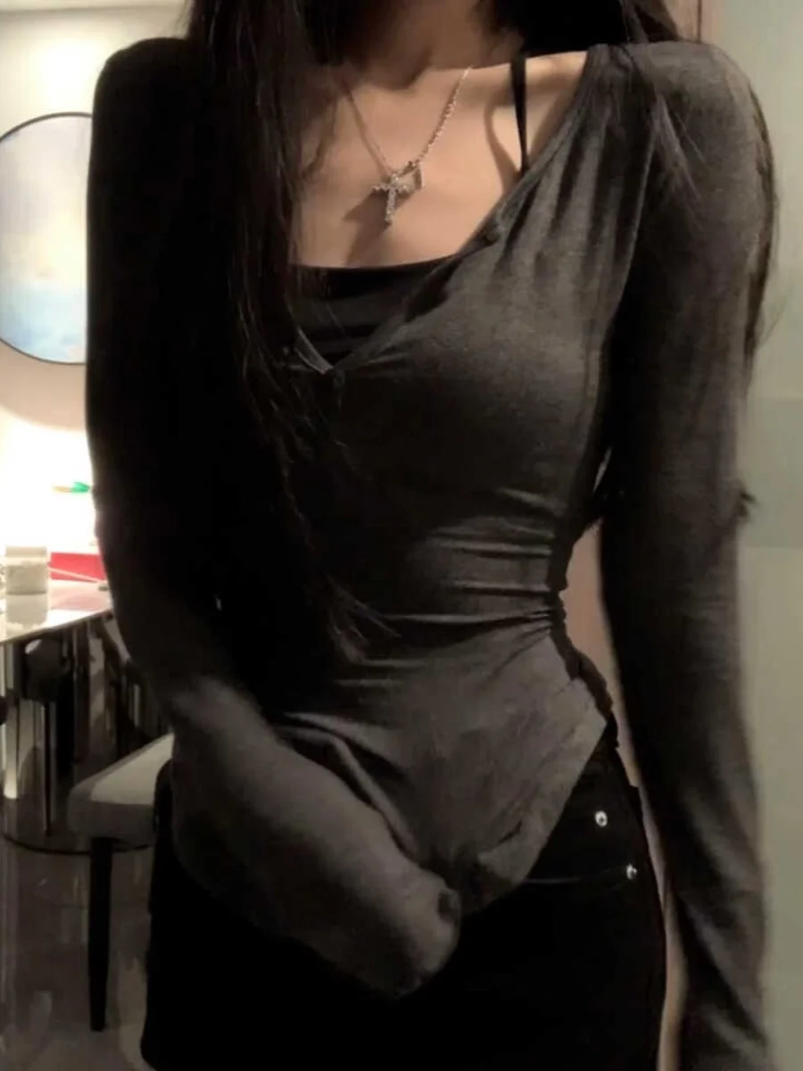 Długi, wyszczuplający top z dekoltem w serek, imitujący dwuczęściowy strój, dla kobiet plus size, modny, koreański, elegancki, idealny na lato i do pracy.