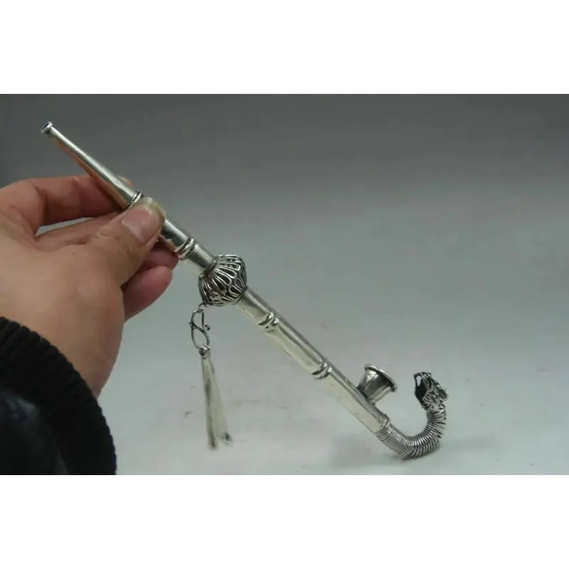 Chinese Collectible Old Tibetan Silver Handwork carved Dragon Smoking Tool pipe