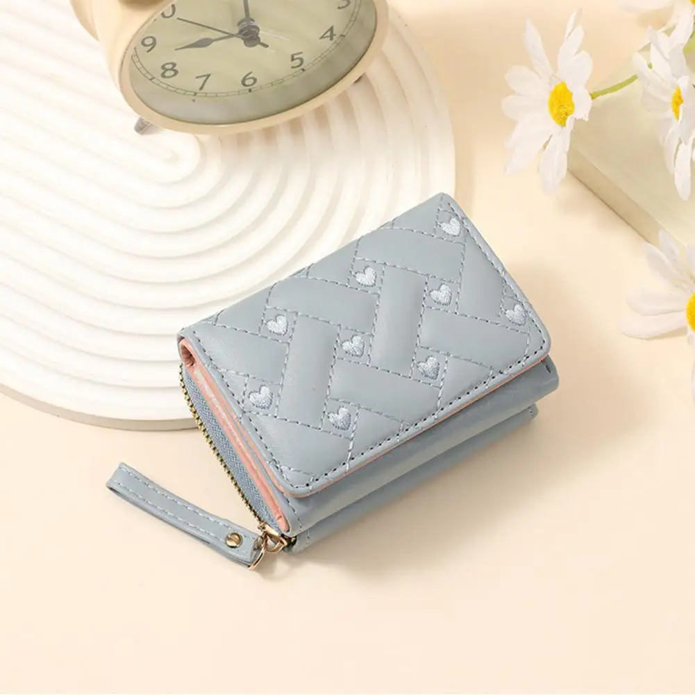 Small Wallet with Coin Pocket Women Stylish -fold Wallet with Embroidered Heart Mini Card Holder Zippered Coin for Shopping