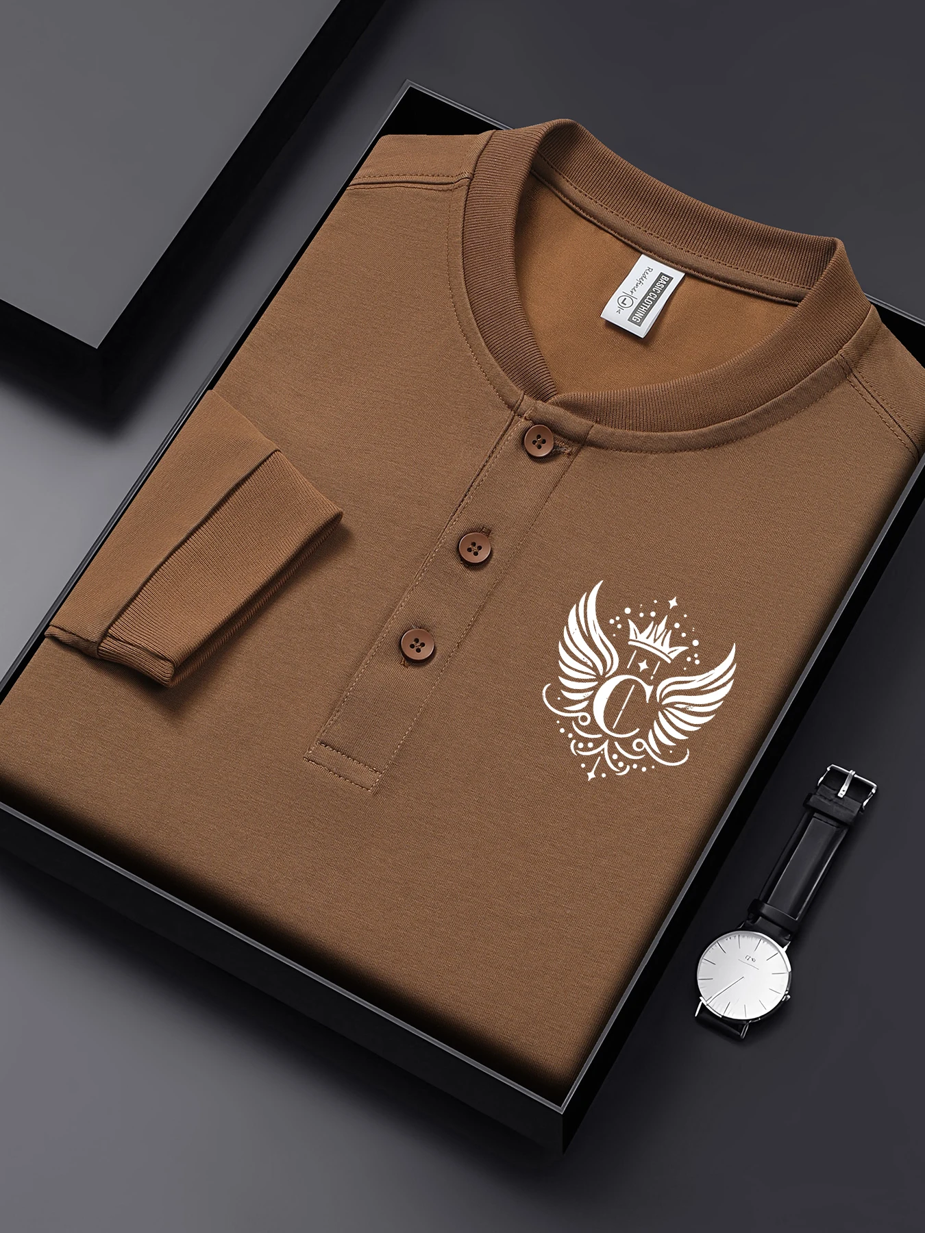 

Crown Wing Letter C Simple Design Men T-Shirts Soft All-Match Man Sportswear Autumn Henry Neck Basic Shirt Cotton Henley Shirts