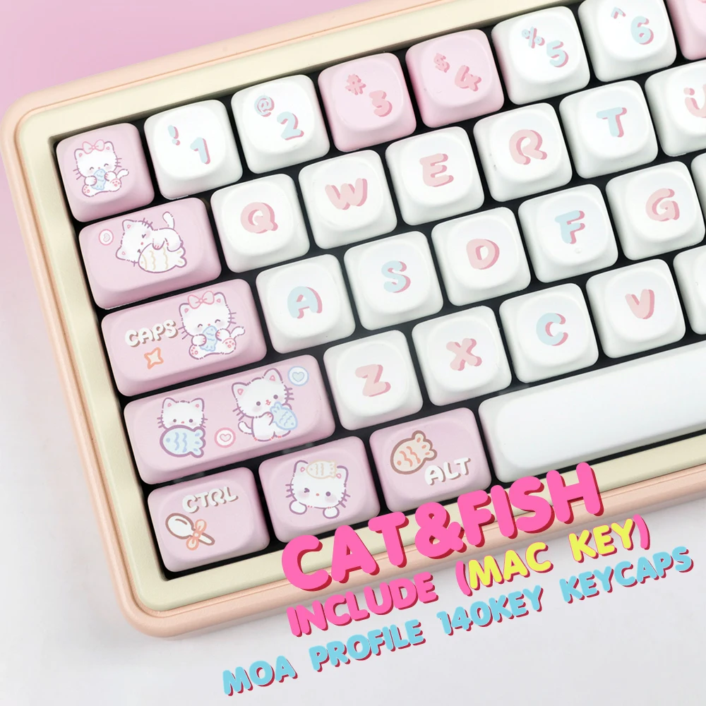 

LUCKY-Pink Kitten 140Keys/Set PBT Keycaps DYE-SUB MOA Profile DIY Custom KeyCap for MX Switch Game Mechanical Keyboard