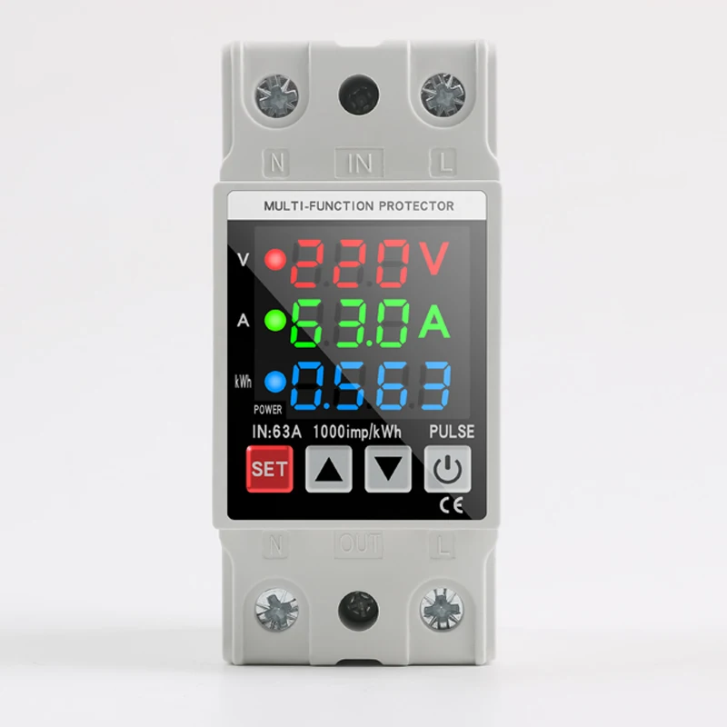 

35mm DIN Rail 3-IN-1 AC Meter 110V/220V 63A Voltage Current Power Factor KWH Frequency Meter