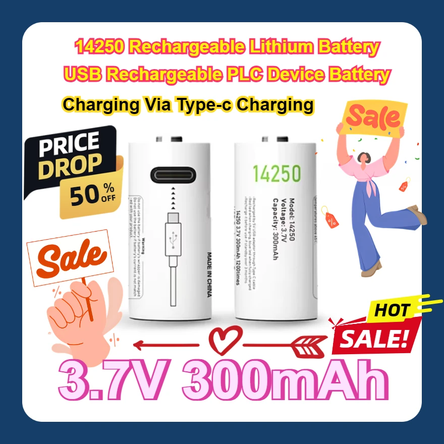 

8pcs/lot 14250 Rechargeable Lithium Battery USB Rechargeable PLC Device Battery 3.7V 300mAh Charging Via Type-c Charging