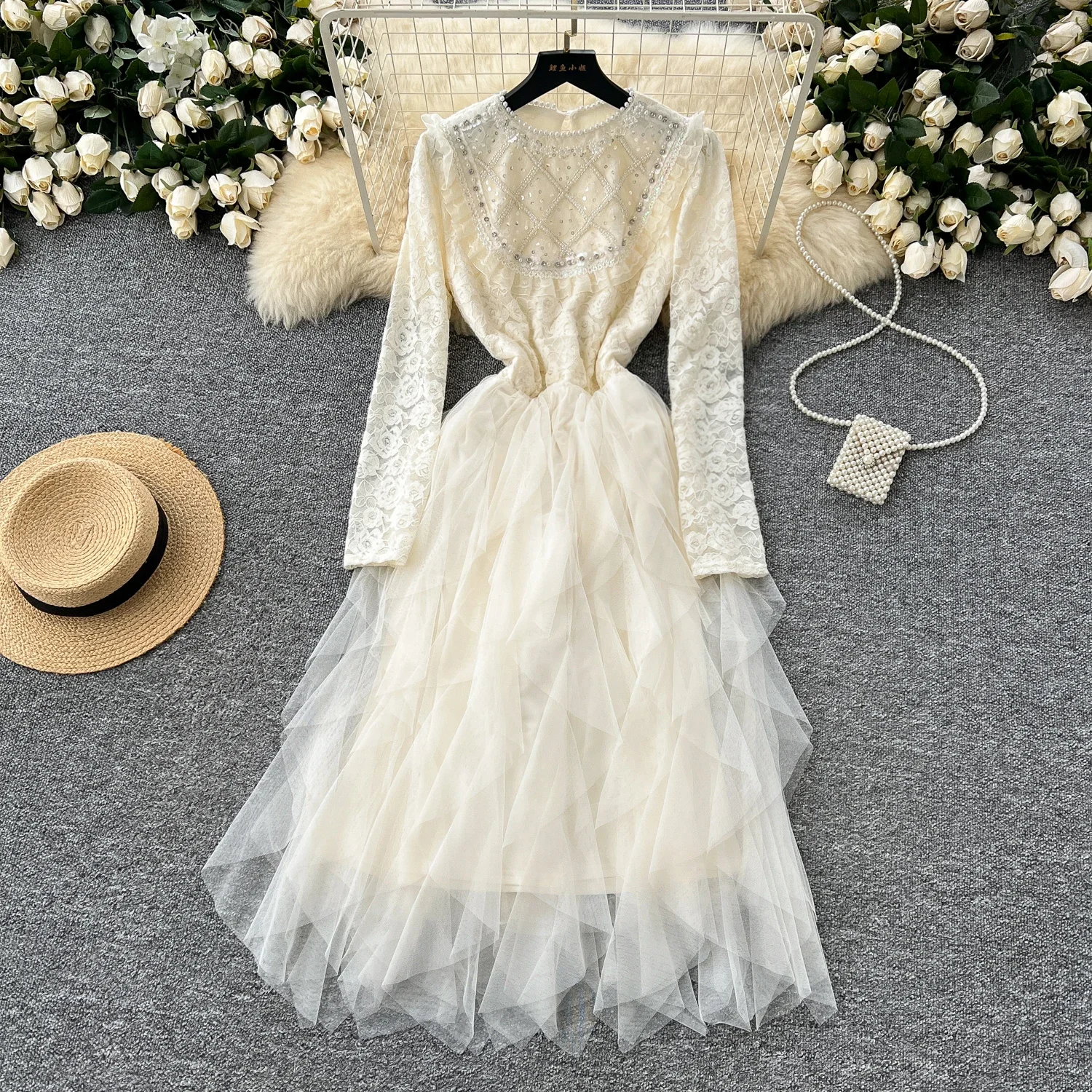 

Elegant O-neck Vintage Long Sleeve Chic Embroidered Bead Sequin Mesh Spliced Lace Slim Dresses French Women High Street Clothing