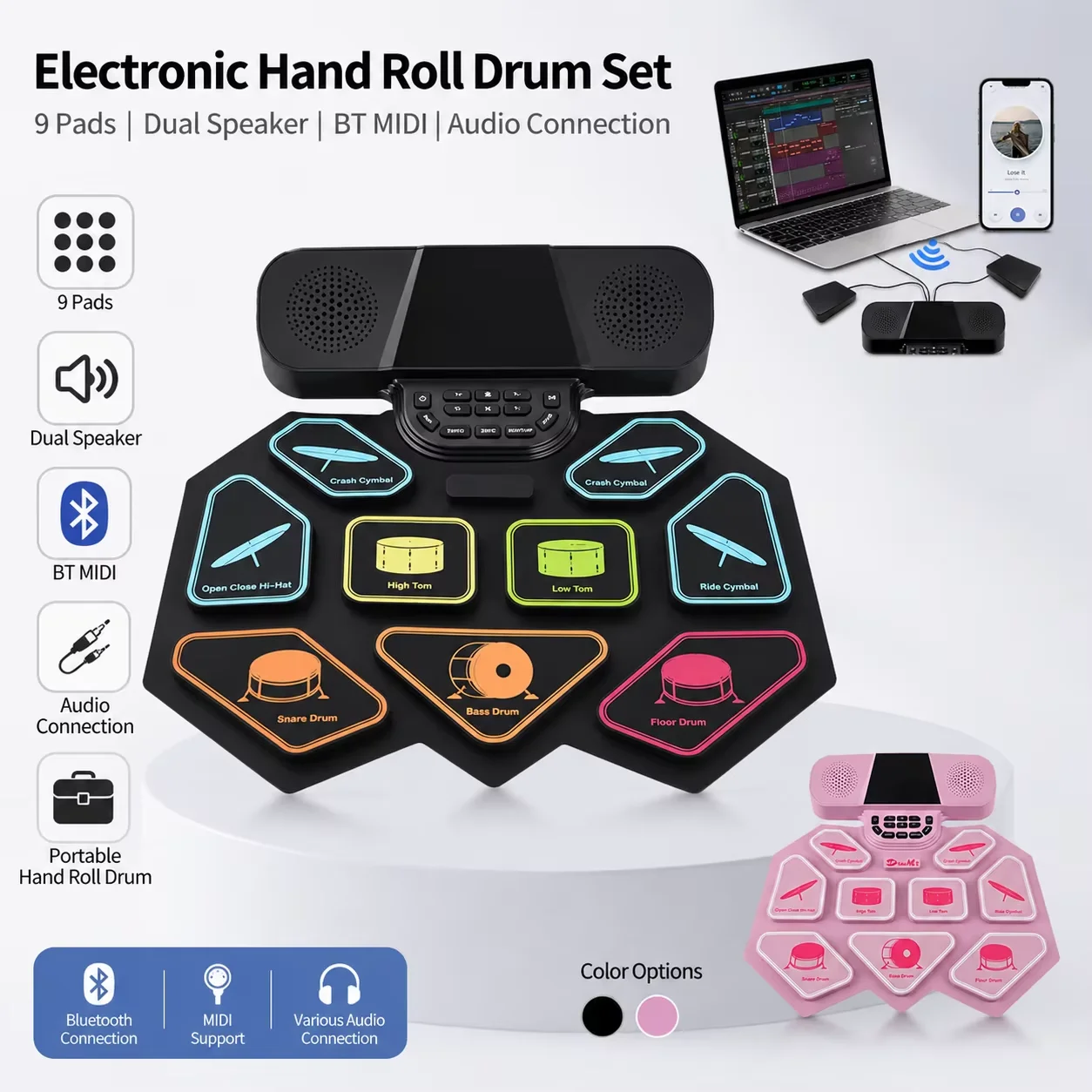 Portable Hand‑Roll Electronic Drum Kit 9 Ultra Thick Pads Dual Speaker BT MIDI Audio Connection Roll‑up Drum Set For Beginners