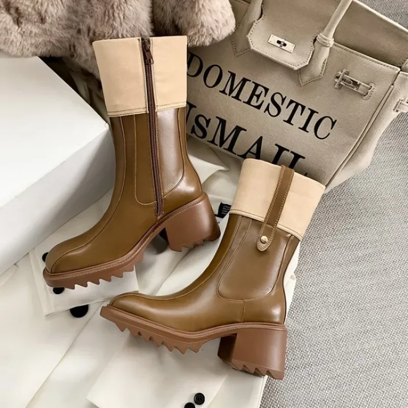 Side Zipper Winter Women Boot  New Vintage High Heel Mid Sleeve Boot Coarse Heel Leather Boot Luxury Designer Shoe Women Shoe