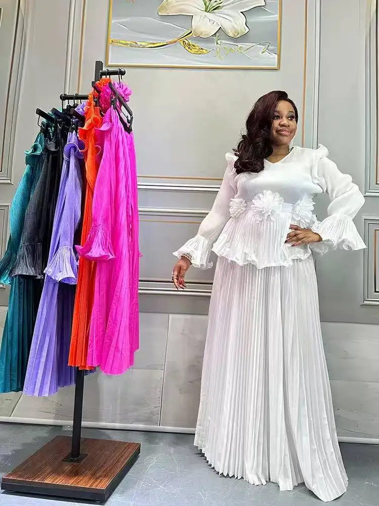 

EGRM High-end Miyake Pleated Suit Fashion Women's V-Neck Ruffle Top + Folds A-line Skirt Two Piece Sets 2025 Spring New 6GR801