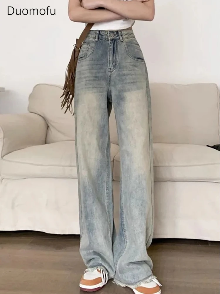 Duomofu Retro Blue Chic Tassels Full Length Female Jeans New Fashion Washed Distressed Simple High Waist Slim Casual Women Jeans