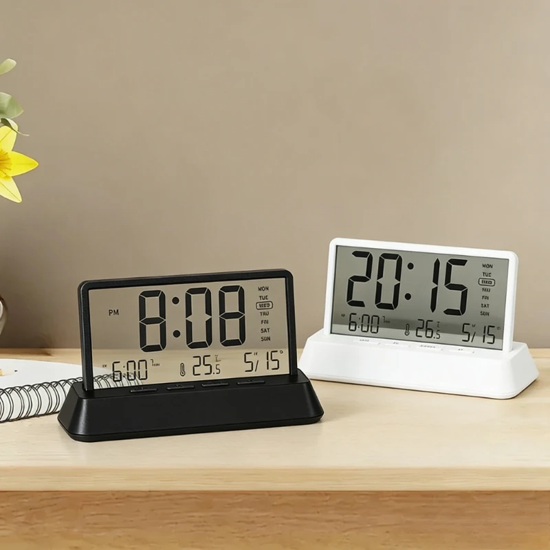 Simple Clear Digital Alarm Clock Transparent Temperature Date Week Display Electronic Clock 12/24H Snooze Function Desktop Timer