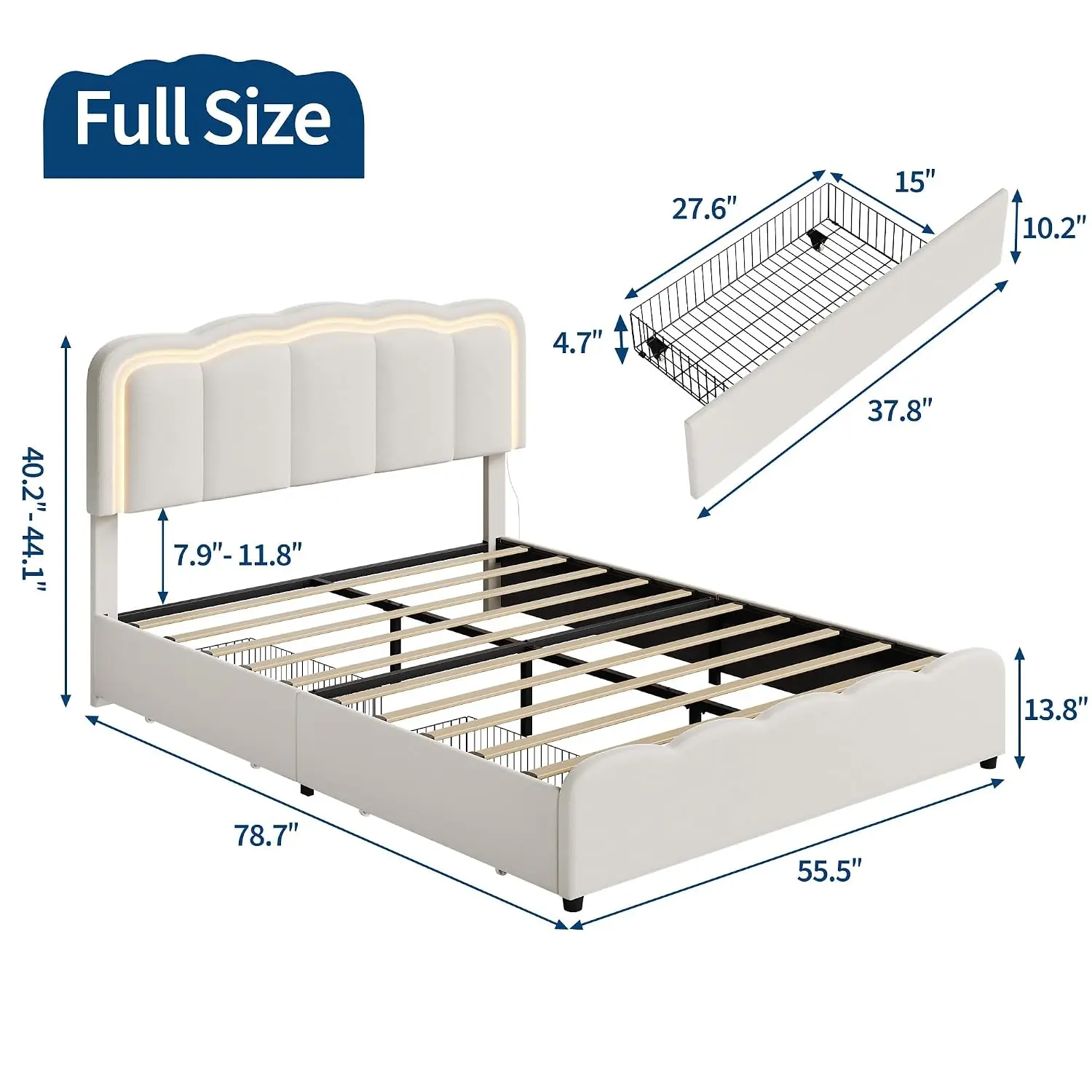 Full Size Bed Frame with 2 Storage Drawers and LED Lights, White, Customized