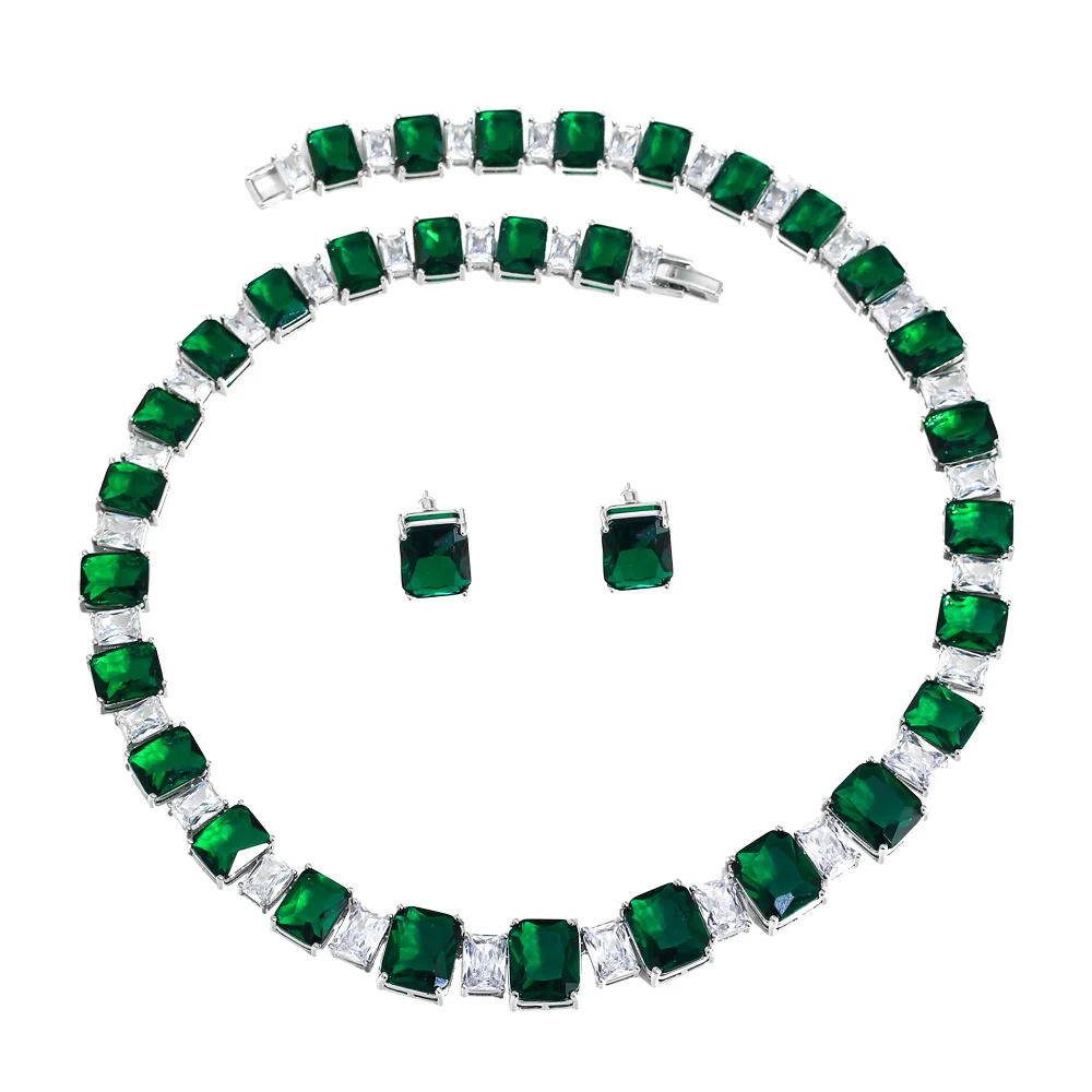 

ThreeGraces Роскошные квадратные серьги-гвоздики с кубическим цирконием темно-зеленого цвета и ожерелье для свадебной вечеринки, комплект ювелирных изделий для женщин TZ993