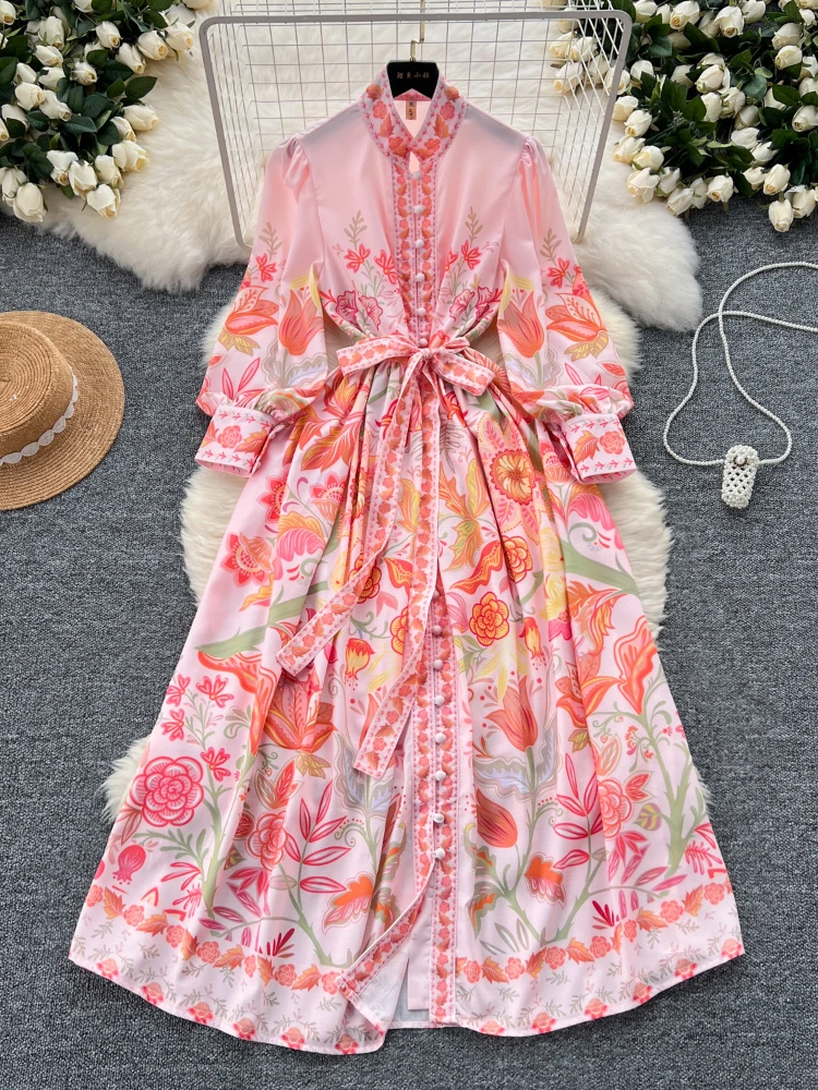 Retro Elegant Long Dress Women Court Style Printed Standing Neck Single Breasted Floral Long Dresses Ladies Pink Party Long Robe