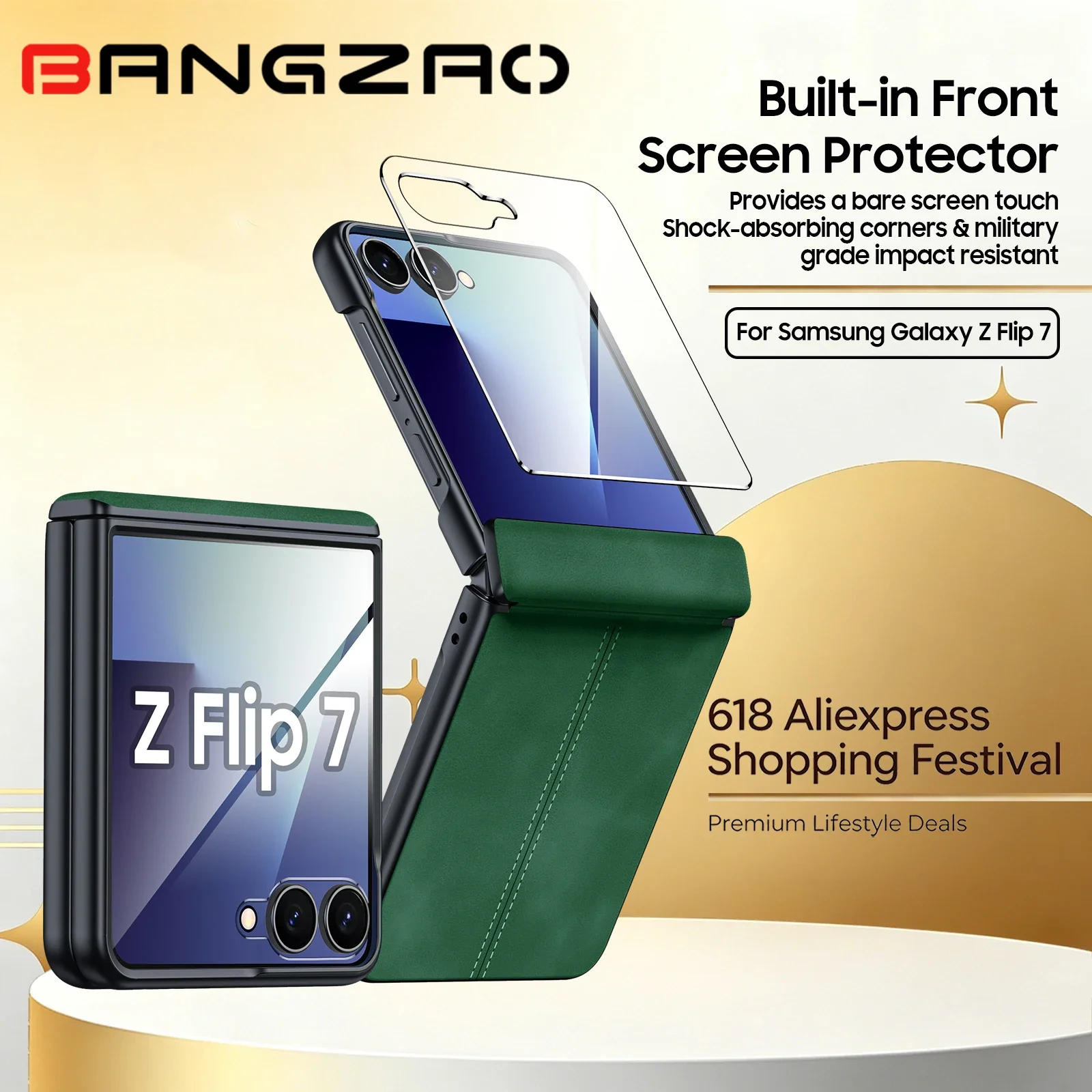 

618 Sale For Samsung Galaxy Z Flip 7 Magnetic Hinge Leather Cover With 9H Screen Protector Wireless Charging-Green