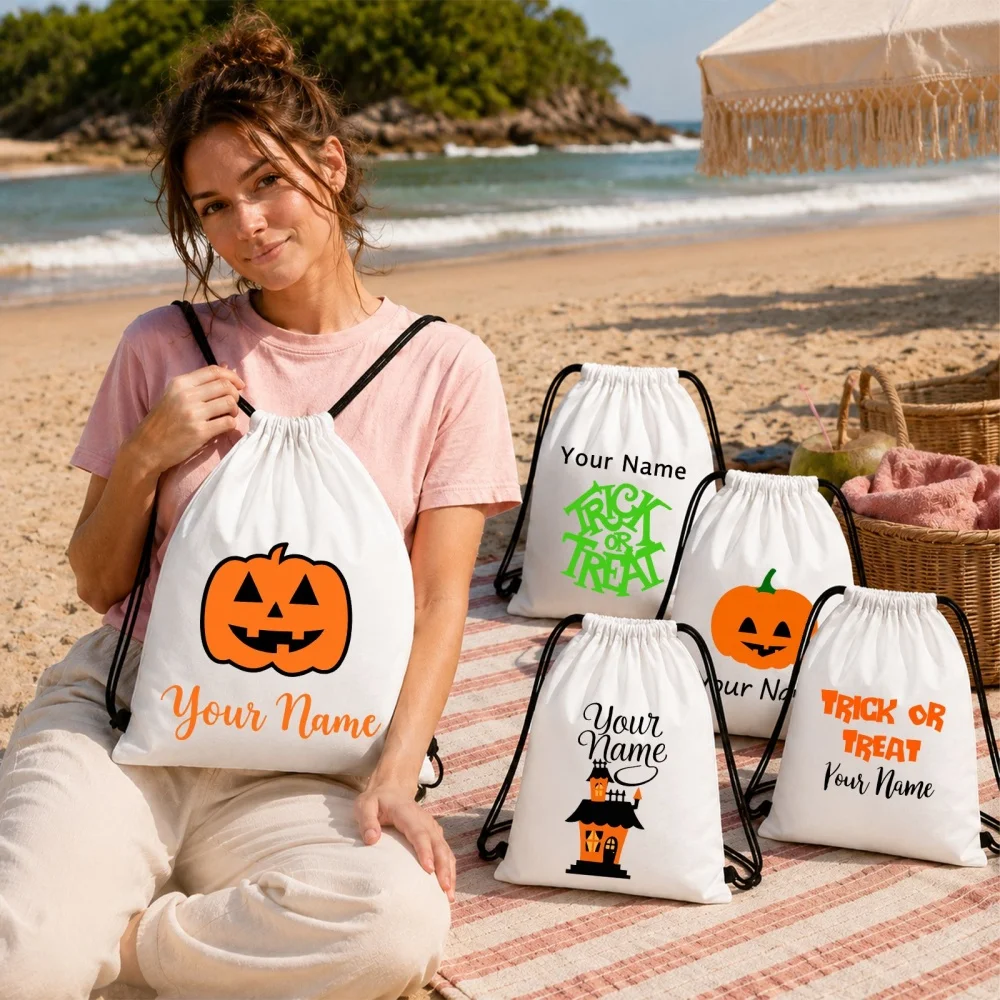5 Pack Personalized Mixed Trick Or Treat Pumpkin Haunted House Drawstring Backpack Set Custom Name Kids Halloween Candy Bags