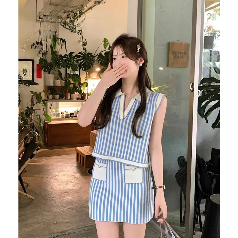 Striped Korean Brand Knitted 2 Piece Sets Sleeveless Polo Collar Short Tops Mini Skirts Suits Patchwork Blue Y2K Women Clothing