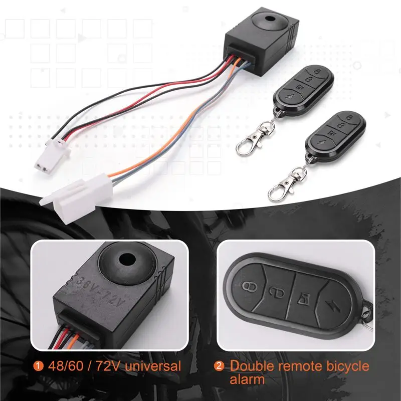 B49CEbike Alarm System Dual Remote Control 36V 48V 60V 72V Alarm Accessories Universal Waterproof Electric Bike Replacement