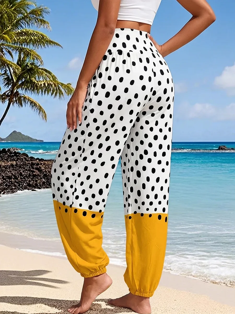 Autumn Women Boho Polka Dot Color Block High Waist Loose Harem Pants Elastic Waist Bloomers Baggy Trousers Casual
