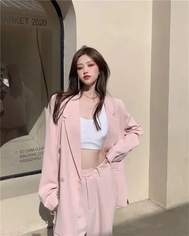 Korean Fashion Pink Jacket Suit Blazer and Pants Two Pieces Set for Women Office Lady Casual Autumn Winter Casual Clothing 2024