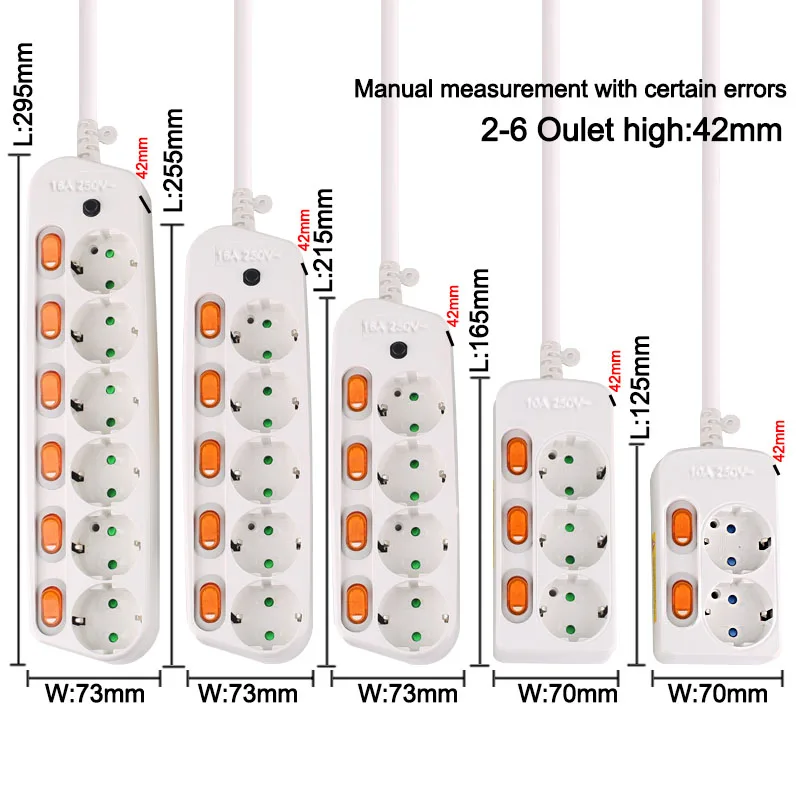 Power Strip 10/16A overload protection EU plug Adapter 1.5/2.5M Extension Desktop cord socket 2/3/4/5/6 AC Output