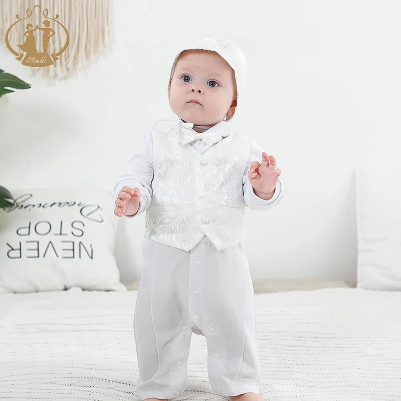 White Baby Boy Clothes Set Baptism Outfits Solid Full Sleeve Jacquard Suit Lace Christening Gown Newborn Gentleman Birthday Gift